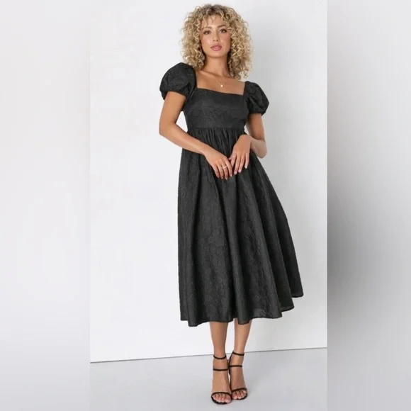 Lulus NWT “Adorable Mood” Black Floral Jacquard Puff Sleeve Babydoll Dress Large - Picture 8 of 16